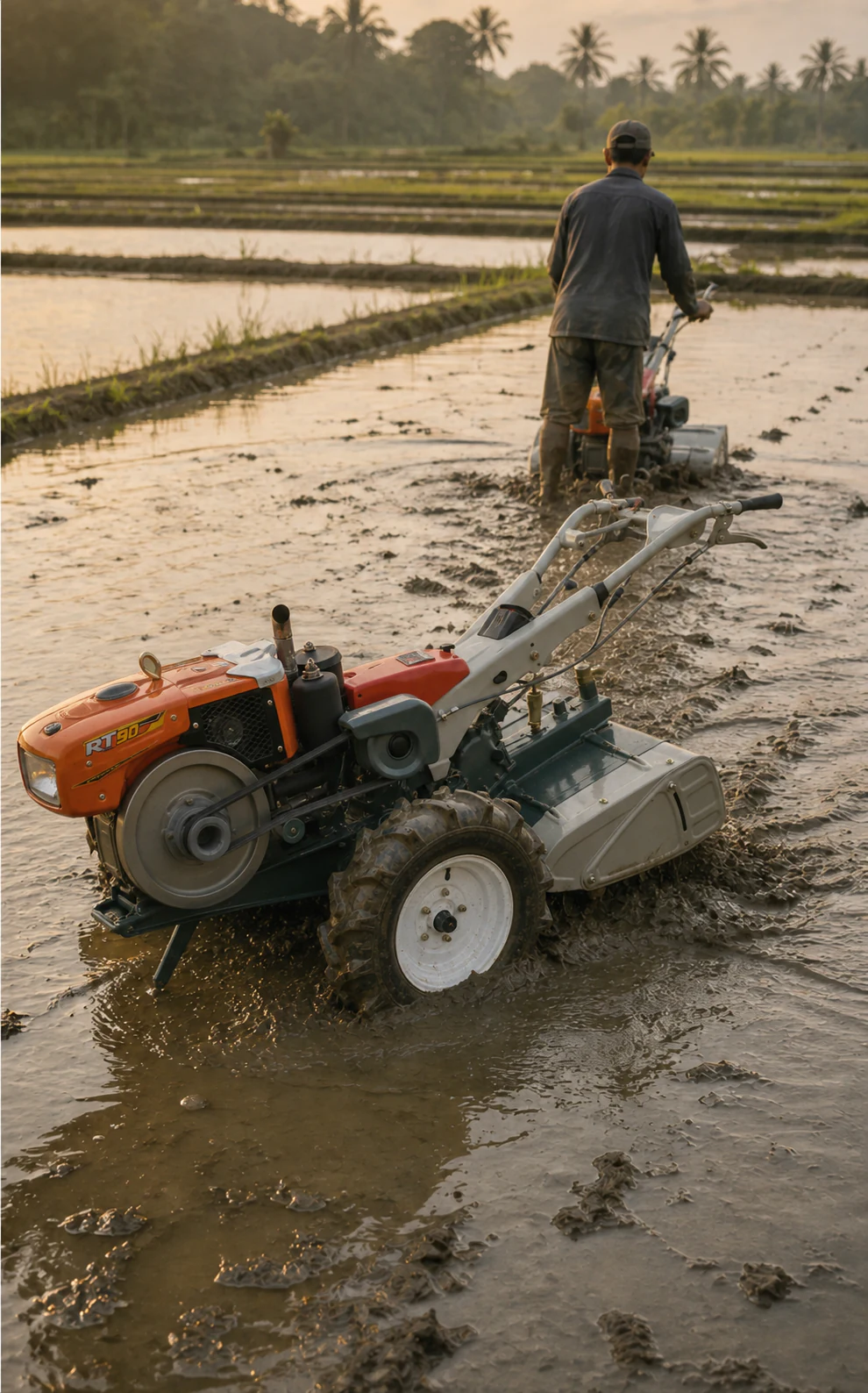 Ilustrasi traktor roda dua M80 yang bekerja di sawah basah saat matahari terbenam