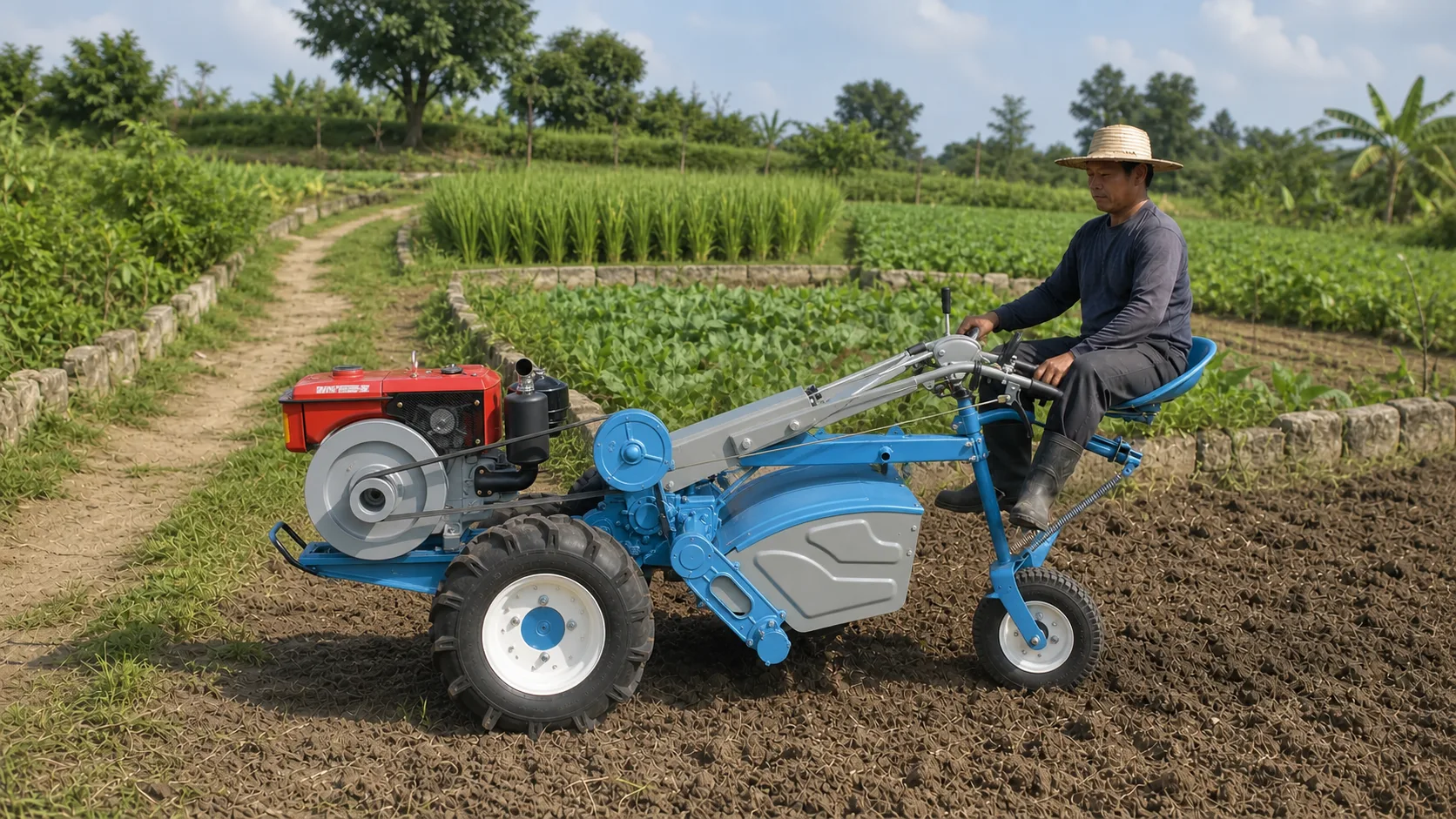 Người vận hành ngồi trên máy GN12 động cơ đỏ, thân máy xanh-xám tại một thửa ruộng canh tác nhỏ có lối vào hạn chế