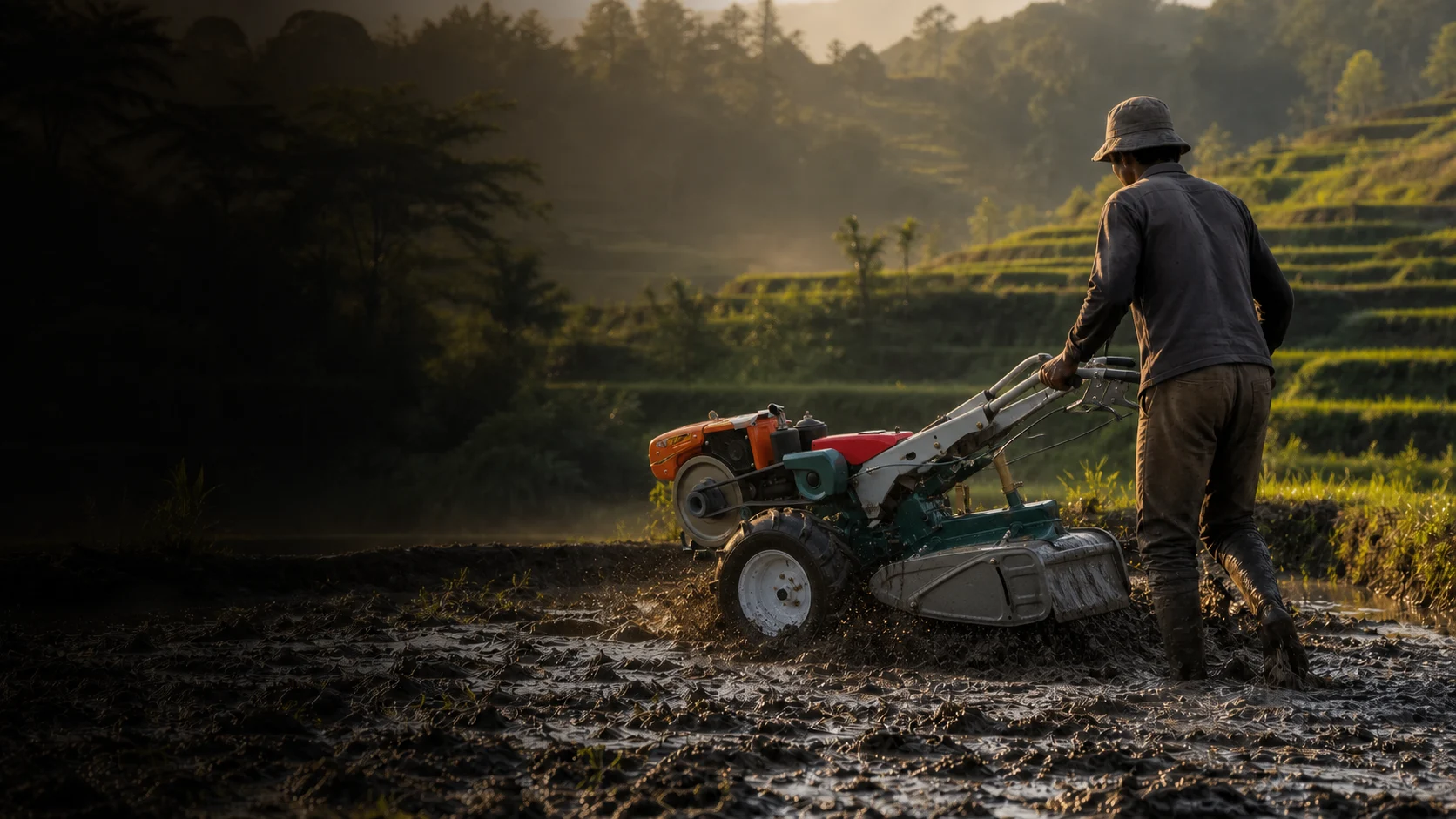 Traktor tangan MUBOTA M80 sedang dioperasikan di sawah terasering basah saat senja